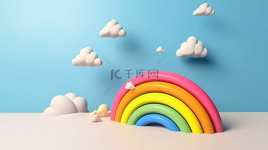 彩虹女孩背景图片_3D 渲染中充满活力的云彩和彩虹非常适合在充足的空间中展示儿童或婴儿产品