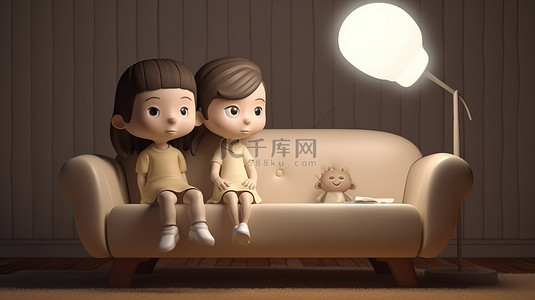 卡通一家人背景图片_孩子们躺在沙发上的漂亮 3D 插图