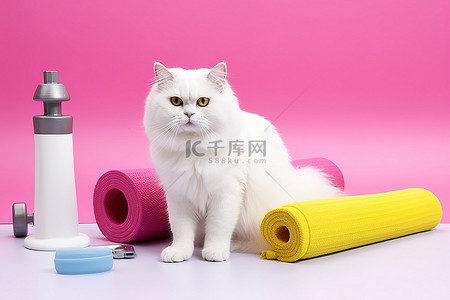 草垫垫子背景图片_白猫坐在垫子上，上面有黄色水瓶和健身器材