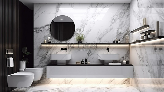 现代 3D 浴室设计，采用优雅的大理石瓷砖和内置搁板