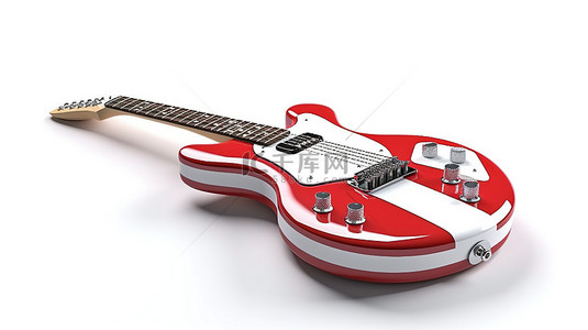 红色和白色电吉他，有六根弦，在纯白色背景 3d 渲染上