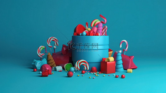 以圣诞糖果礼物和蓝色背景为特色的节日冬季促销 3d 渲染