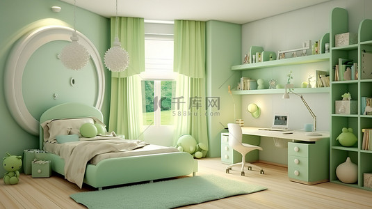 现代儿童房，浅绿色和白色家具 3D 渲染