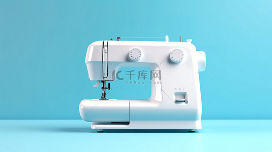 蓝色背景下的白色现代缝纫机 3D 渲染