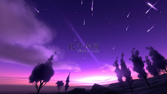 薰衣草紫色的天空与 3d 渲染的卡通流星