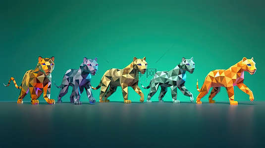 各种钻石动物系列优雅的猎豹对自然和野生动物的描绘 3D 动画在低多边形的无限循环中