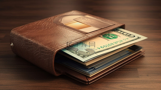 3D 最小钱包的插图，其中包含现金和通过现金返还的卡