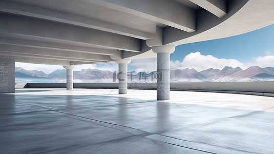 空置的停车场，铺有混凝土地板，在雄伟的山脉和天空景观中令人惊叹的抽象结构 3D 渲染