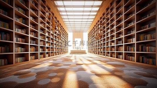 现代图书馆设计中具有地毯深场效果的现代木制书柜的 3d 渲染
