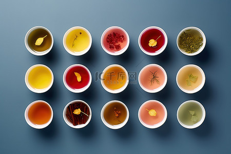 种菊花背景图片_绿茶杯，上面放着六种不同的茶