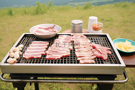 干冰冒烟的牛肉背景图片_烤架上的培根和牛肉