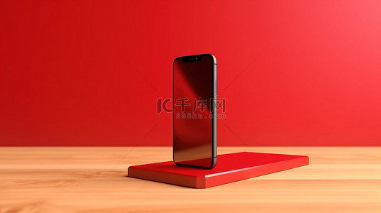 平板支撑背景图片_红色背景的 3D 渲染，木质讲台支撑右侧空白屏幕浮动智能手机