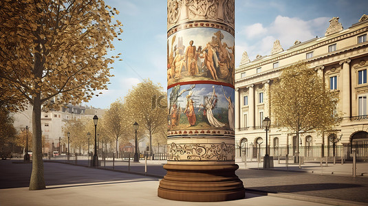 巴黎复古背景图片_巴黎莫里斯柱上的传统法国广告 3D 渲染