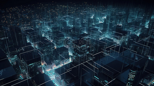 数字大都市 3D 渲染的科技城市，从网络空间中涌现