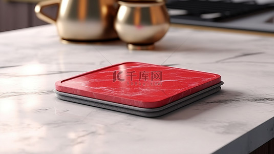 大理石台面模型，在 3D 渲染中的木板上有一个带有红色边框的隔热垫
