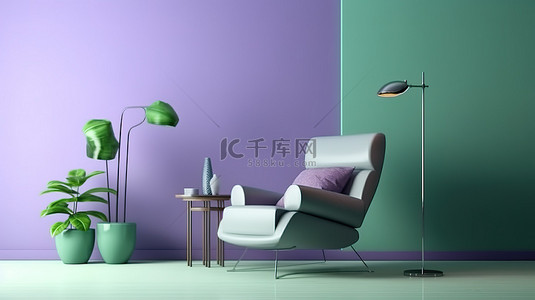 紫色色调的现代客厅配有绿色扶手椅台灯和 3D 渲染的花瓶