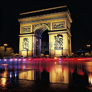 车背景图片_夜间照明的法国地标