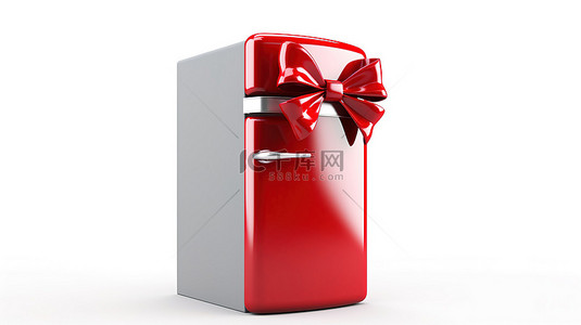 白色背景，配有 3D 渲染冰箱，配有红丝带和蝴蝶结作为礼物