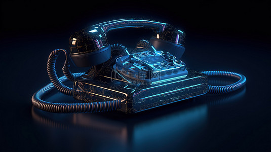 带有赛博朋克扭曲 3d 渲染的老式电话在深闪亮的蓝色背景上