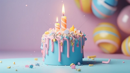 柔和的生日蛋​​糕派对 3D 渲染，带有 2 号蜡烛和蓝色背景包括复制空间