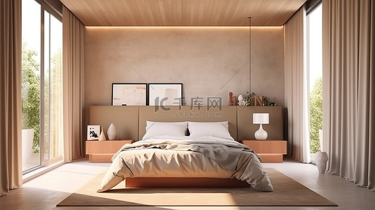 家居家居设计背景图片_现代卧室设计与舒适的暖色调 3D 渲染模型