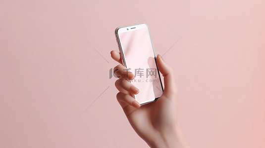 浅粉色背景背景图片_1 手持智能手机在浅粉色背景下 3d 渲染图像