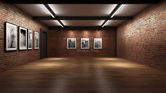 模拟海报框架装饰着 3D 渲染的大厅，大厅有砖墙和硬木地板