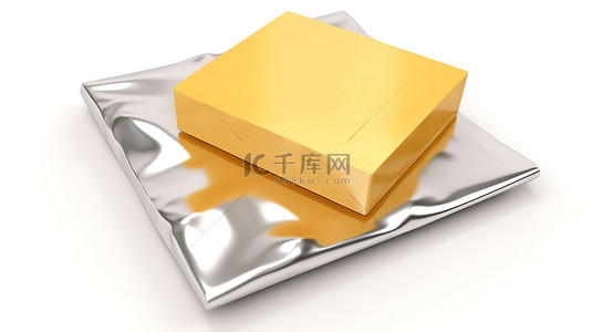 融化的芝士背景图片_金色箔纸包裹的奶酪，带有白色标签，用于在 3d 中创建的白色背景上的定制设计