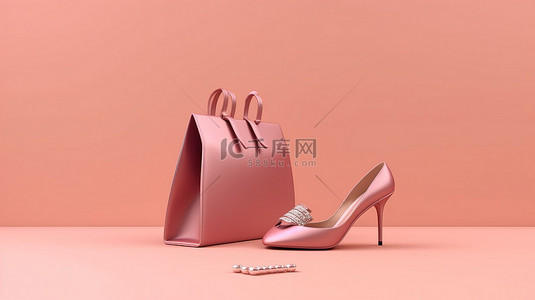 粉红色背景 3D 渲染上的数字购物高跟鞋信用卡和包