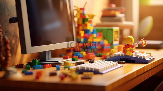 创新工作区 3D 插图，展示了一张充满玩具的桌子，非常适合学习和商务使用，配有电脑屏幕显示器和键盘
