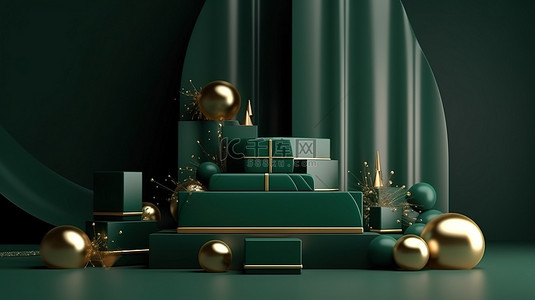 暗紫金背景图片_华丽的周年庆典豪华金色衬里讲台，配有深绿色 3D 产品展示和五彩纸屑