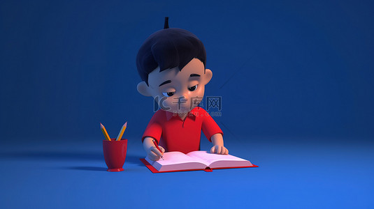 孩子在猩红色的顶部写在书上，在蓝色的气氛中 3D 渲染图像