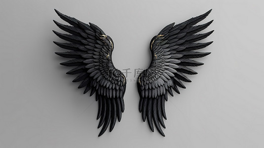 灰色羽毛背景图片_灰色背景下 3D 隔离的令人惊叹的乌木翅膀