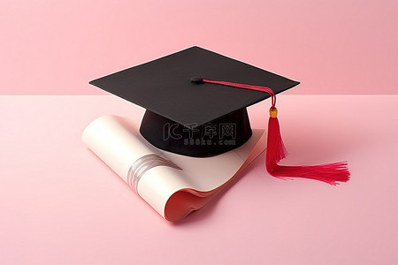 粉红色帽子背景图片_毕业帽和文凭坐在粉红色的表面上