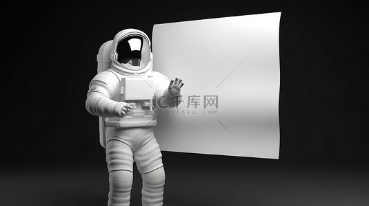 工作牌设计背景图片_3D 插图设计，显示一名手持白色横幅的宇航员