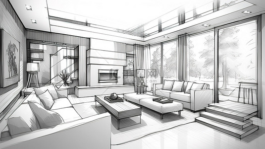 现代住宅客厅室内素描和 3D 渲染设计