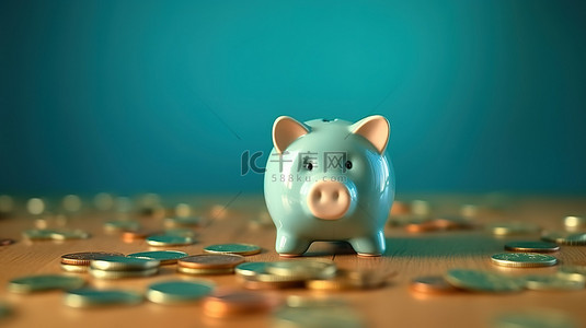 金融背景图片_在存钱罐里存钱，硬币级联成蓝色 3D 渲染背景