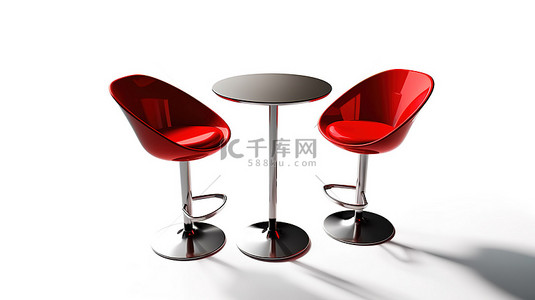 现代酒吧桌套装，配有两把椅子，背景为 3D 渲染的白色