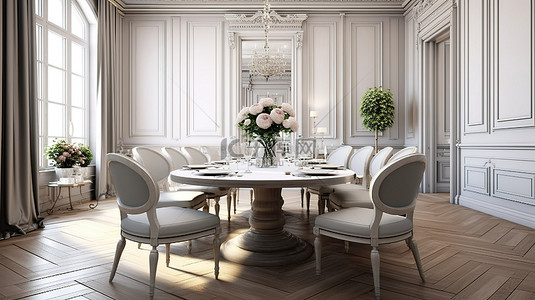 布置优雅的用餐区，配有宽敞的桌子和豪华座椅，位于永恒的公寓环境中 3D 可视化