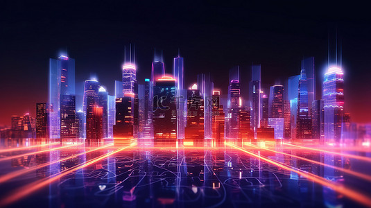 未来幻想背景图片_抽象背景中霓虹灯照明的未来派大都市的 3D 插图