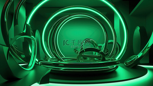科技背景暗背景图片_绿色抽象几何豪华背景与发光灯场景在广告的 3D 渲染中