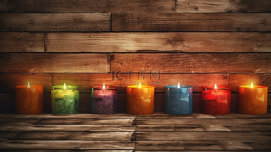 烛光蜡烛背景图片_带有照明蜡烛的老式木质背景的 3D 渲染