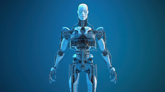 在蓝色背景上显示比例的 3d 渲染中的机器人或机器人蓝图