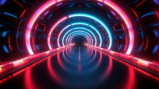 发光隧道背景图片_带有红色和蓝色圆圈的霓虹灯隧道中反光地板的 3D 渲染