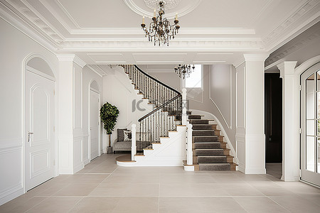 带楼梯的入口吊灯和白色地板