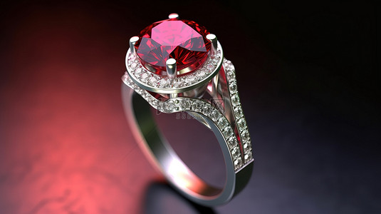 白色背景下红色祖母绿水晶上精美钻石戒指的 3D 渲染