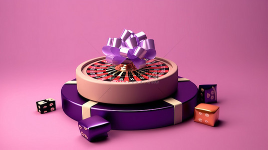3d 轮盘赌轮和礼品盒在充满活力的紫色背景与粉红色米色和白色赌场在线演示