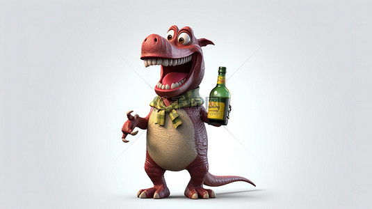 有趣的 3D 恐龙人物握着酒瓶