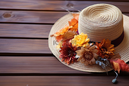 复古草帽背景图片_复古木头上有花朵的帽子