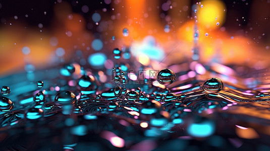 抽象飞溅 3D 插图中带有散景光的流动水滴